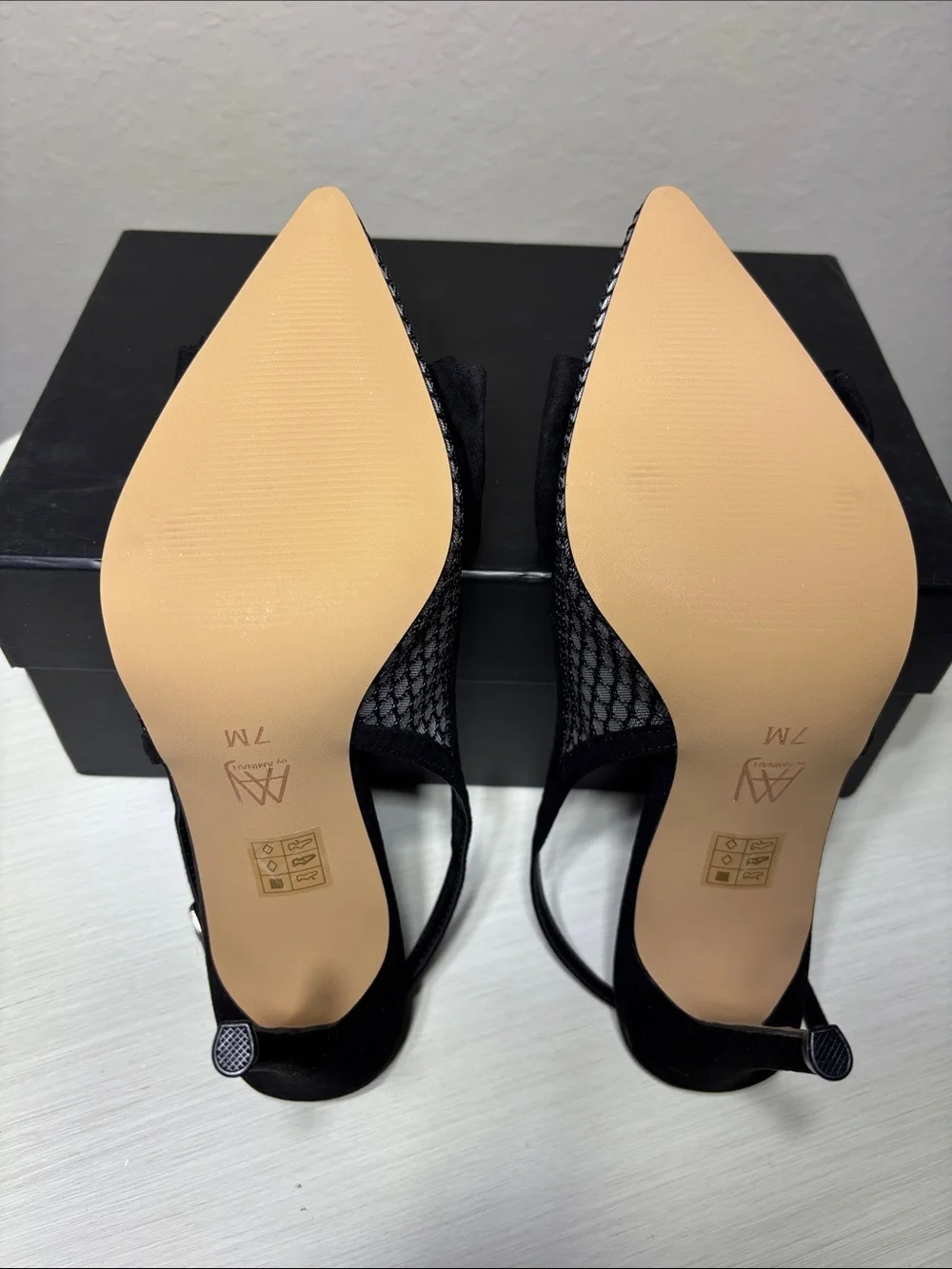 AAJ By Aminah Gemma Black Mesh Bow Slingback Pointed Toe  Stiletto Heels 7M NIB